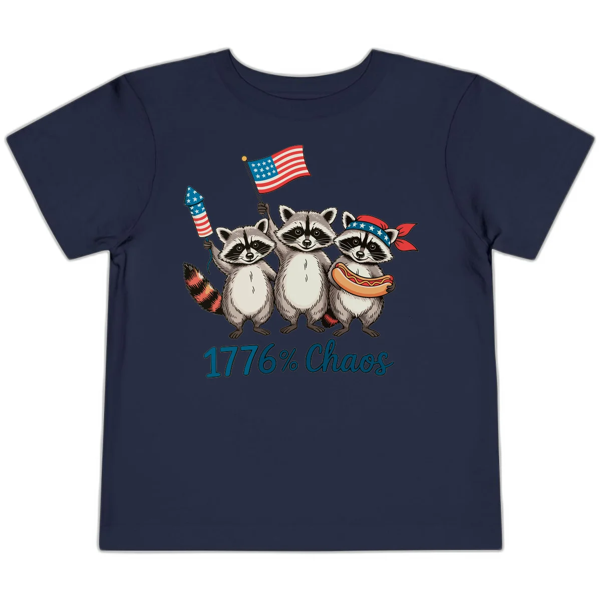 Patriotic Raccoons 1776 Chaos Toddler Tee in Navy