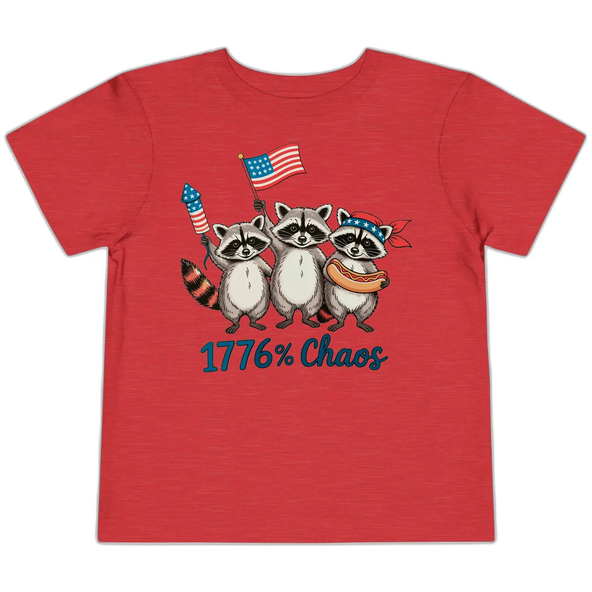 Patriotic Raccoons 1776 Percent Chaos Celebration Toddler T-Shirt in Heather Red