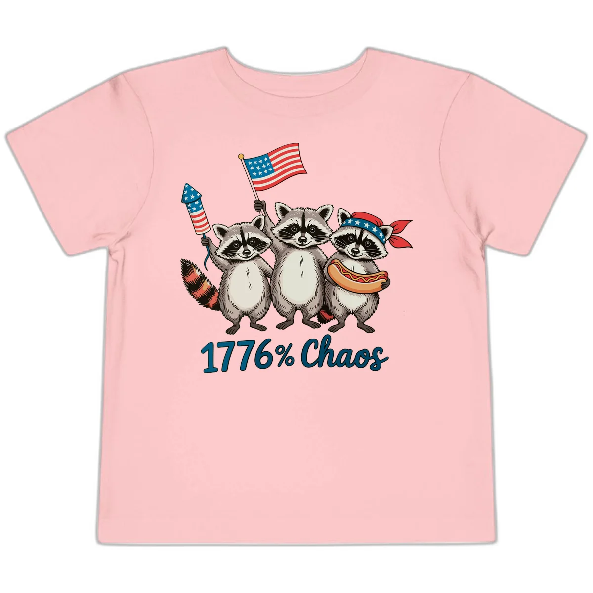 Patriotic Raccoons 1776 Chaos Toddler Tee in Pink