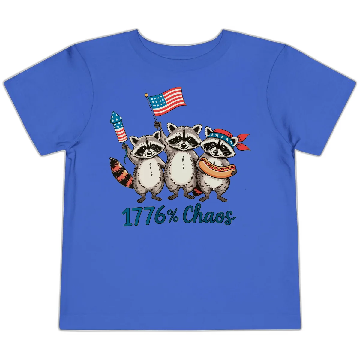 Patriotic Raccoons 1776 Chaos Toddler Tee in True Royal