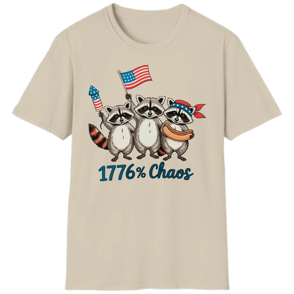 Patriotic Raccoons 1776 Chaos T-Shirt in Sand