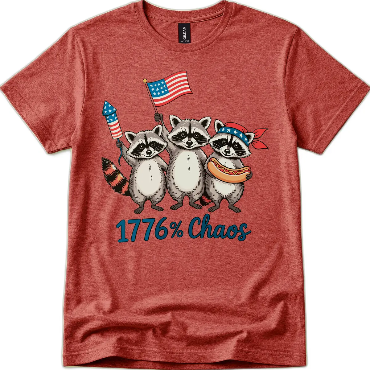 Patriotic Raccoons 1776 Percent Chaos Celebration T-Shirt in Heather Cardinal
