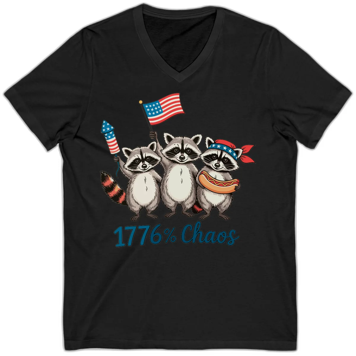 Patriotic Raccoons 1776 Chaos V-Neck Tee in Black