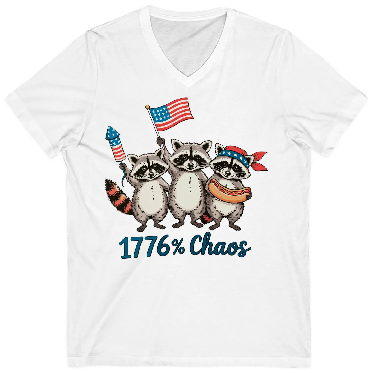 Patriotic Raccoons 1776 Chaos V-Neck Tee in White