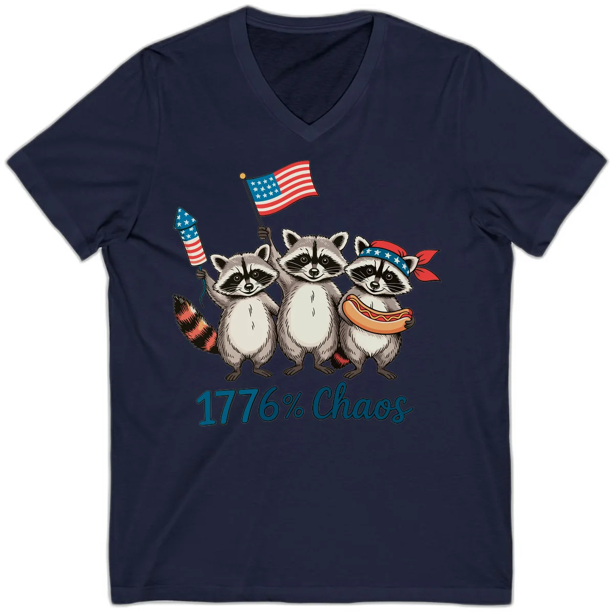 Patriotic Raccoons 1776 Chaos V-Neck Tee in Navy
