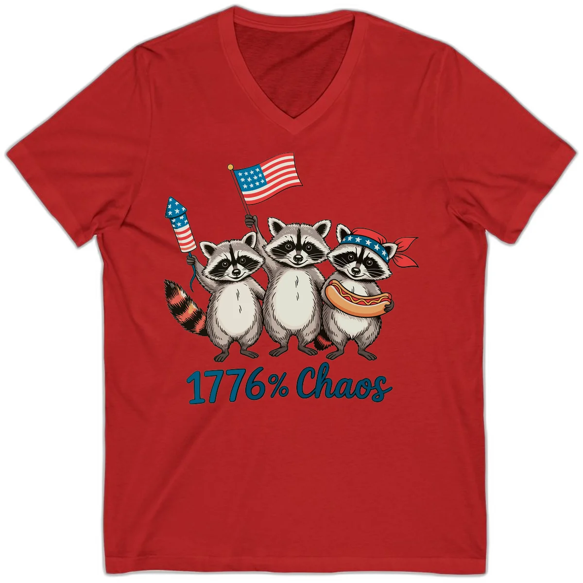 Patriotic Raccoons 1776 Chaos V-Neck Tee in Red