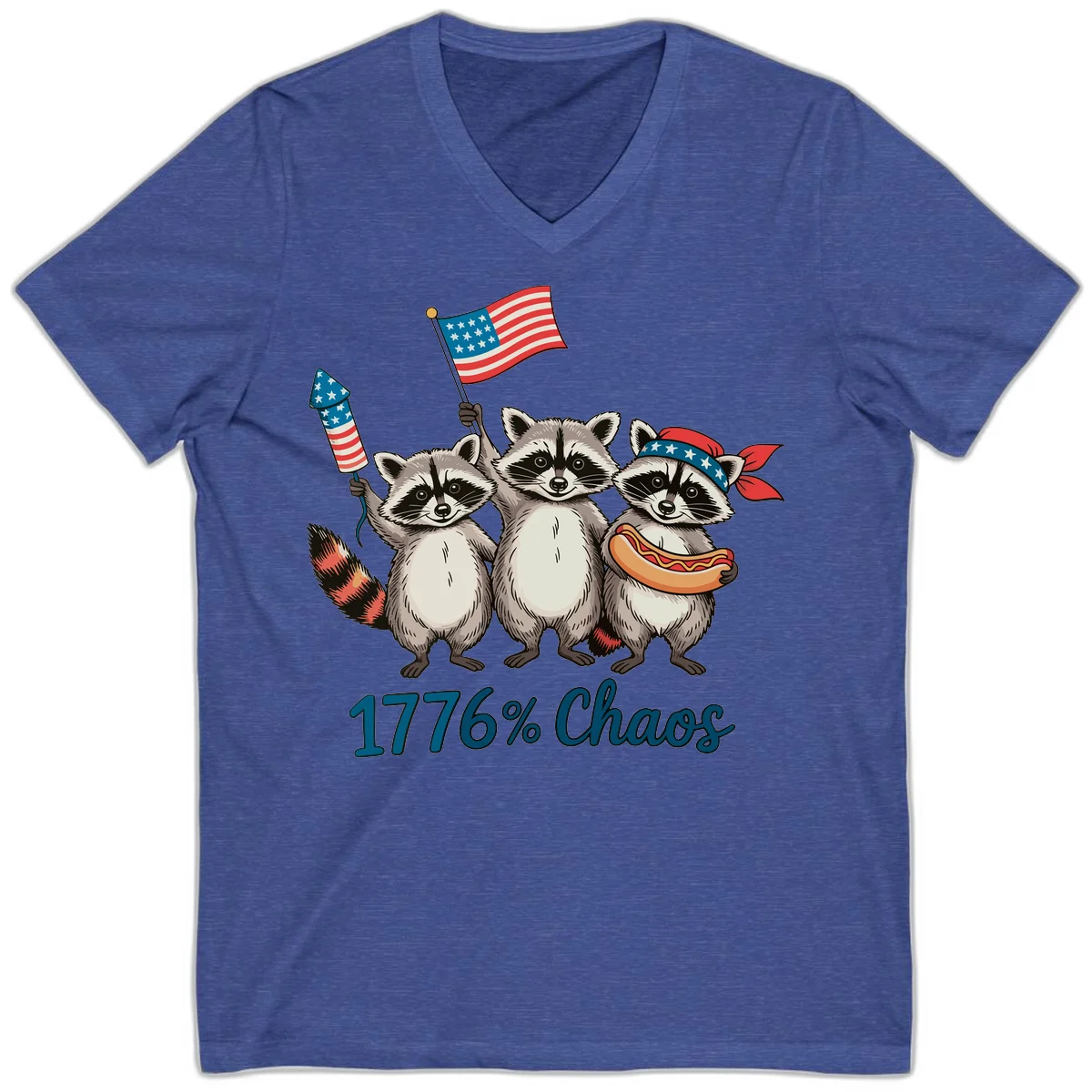 Patriotic Raccoons 1776 Chaos V-Neck Tee in Heather True Royal