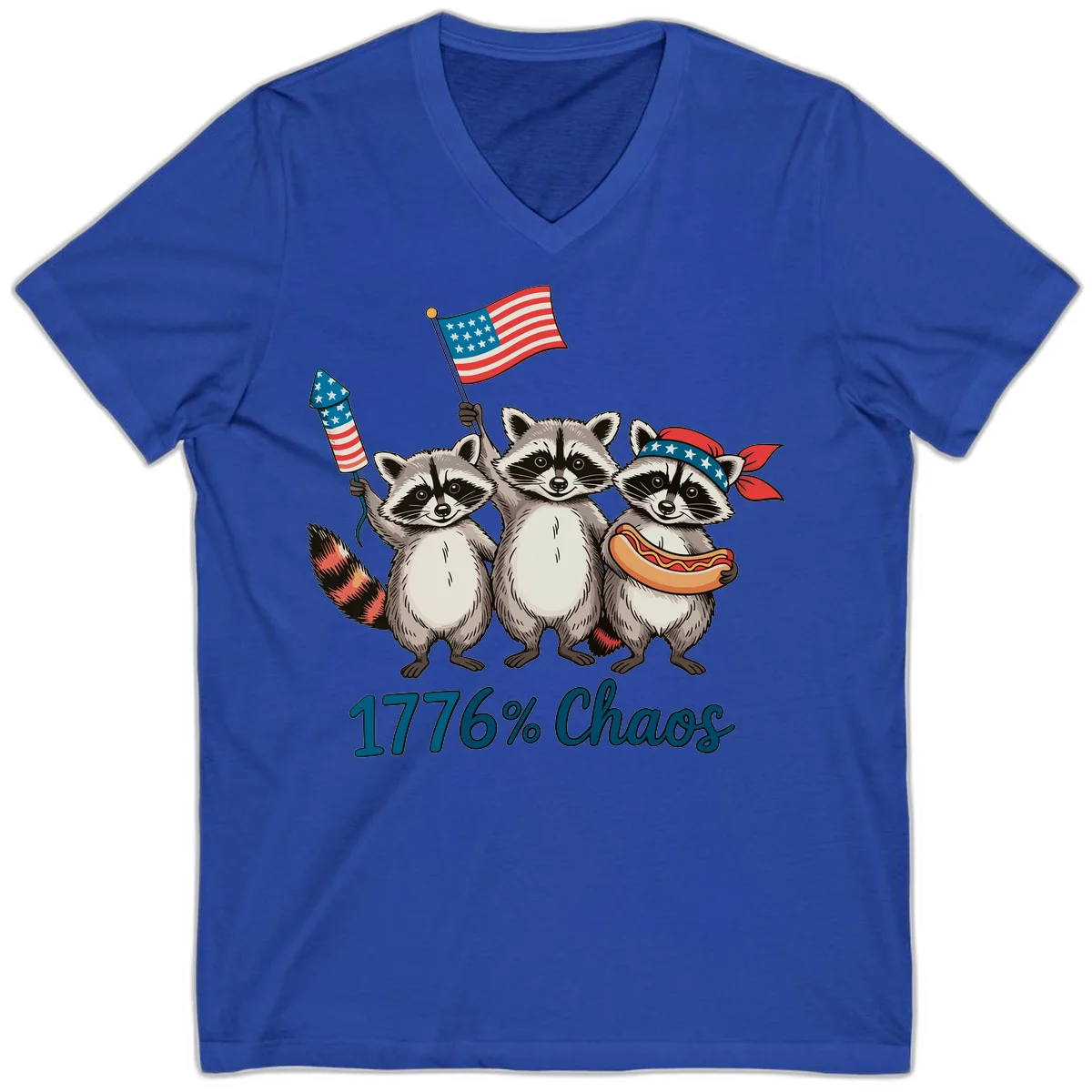 Patriotic Raccoons 1776 Chaos V-Neck Tee in True Royal