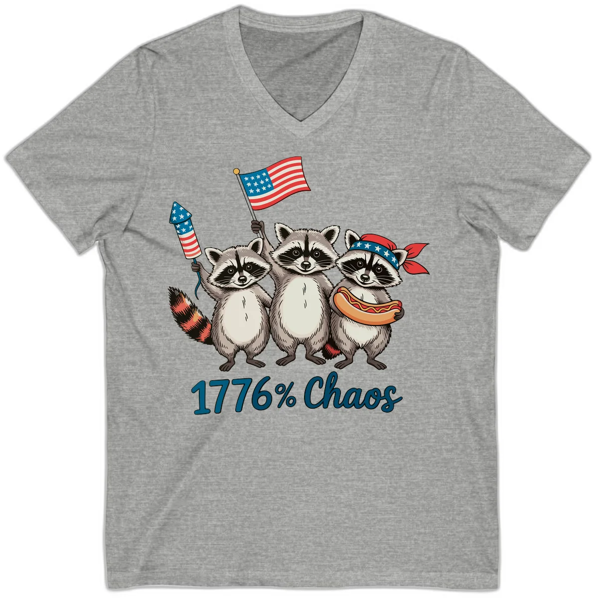 Patriotic Raccoons 1776 Chaos V-Neck Tee in Athletic Heather