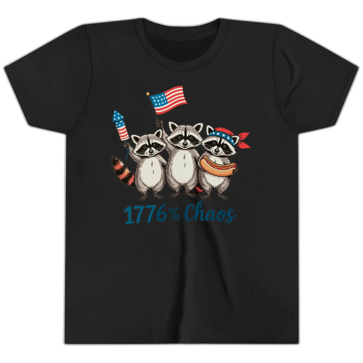 Patriotic Raccoons 1776 Chaos Youth Tee in Black