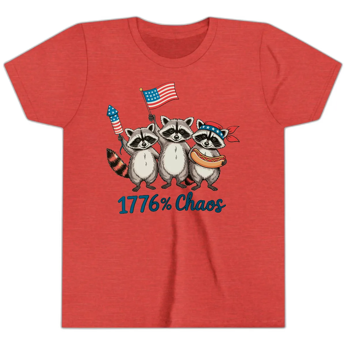 Patriotic Raccoons 1776 Percent Chaos Celebration Youth T-Shirt in Heather Red