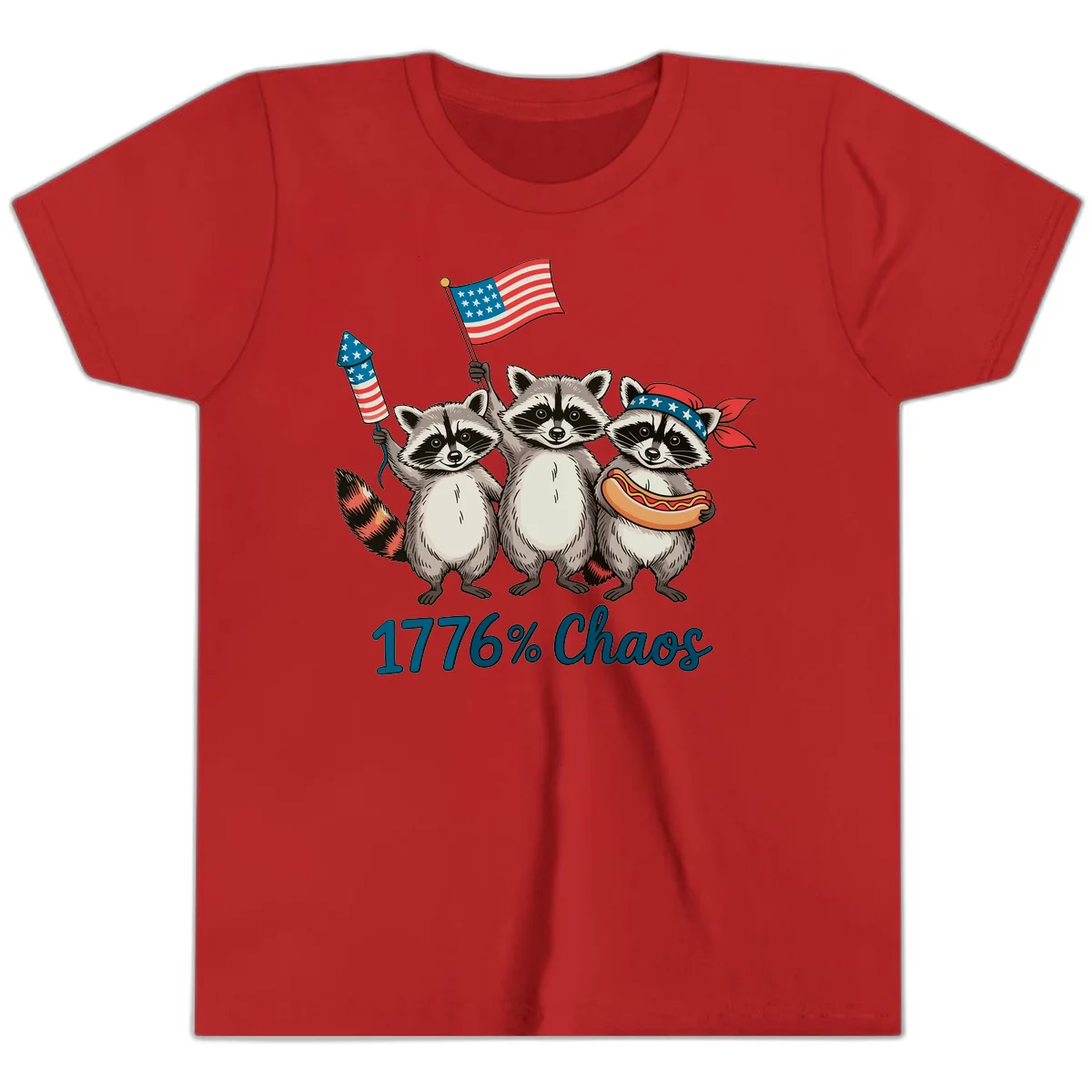 Patriotic Raccoons 1776 Chaos Youth Tee in Red