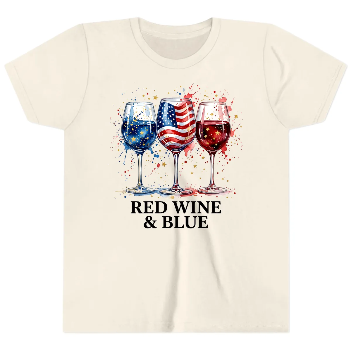 Red Wine and Blue Patriotic Celebration Glasses Youth T-Shirt in Natural