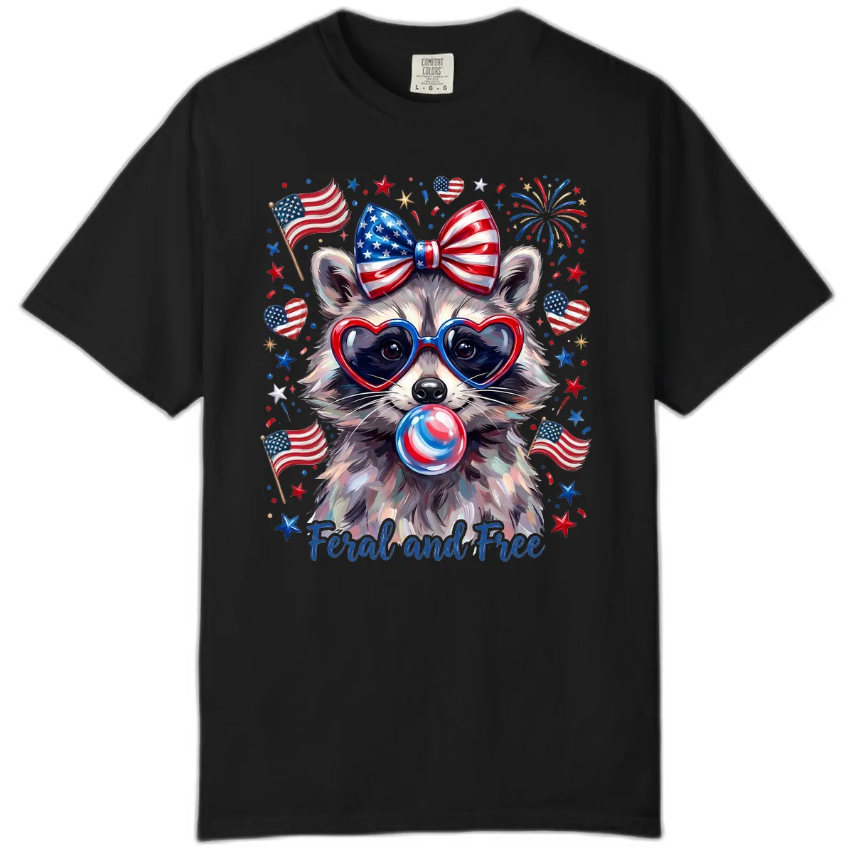 Patriotic Raccoon Feral and Free Fourth of July Comfort Color in Black