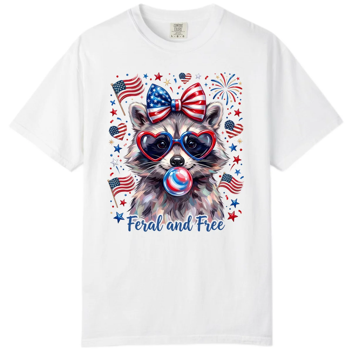Patriotic Raccoon Feral and Free Fourth of July Comfort Color in White