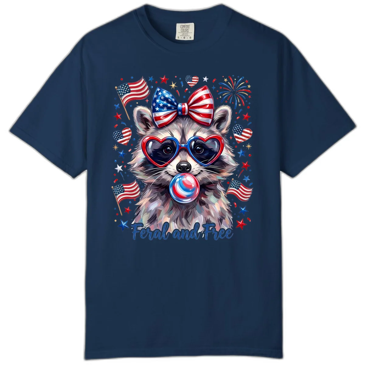 Patriotic Raccoon Feral and Free Fourth of July Comfort Color in Navy