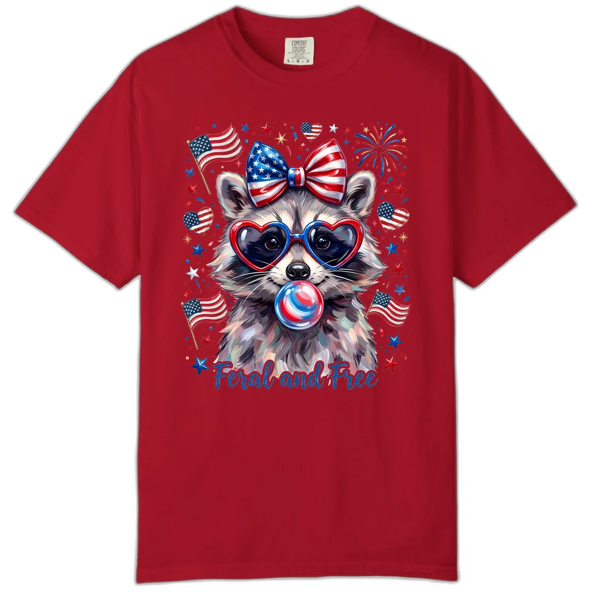 Patriotic Raccoon Feral and Free Fourth of July Comfort Color in Red