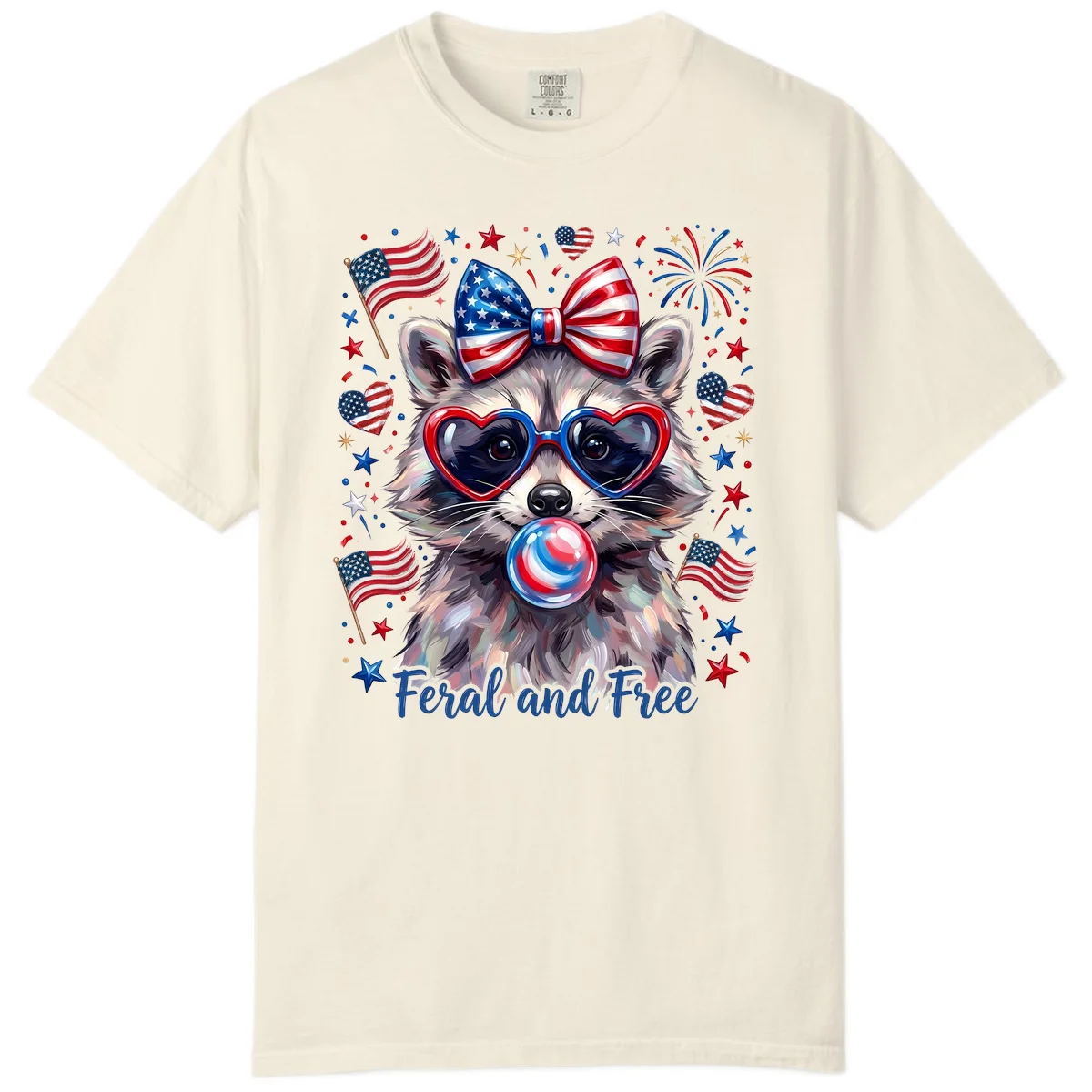 Patriotic Raccoon Feral and Free Fourth of July Comfort Color in Ivory
