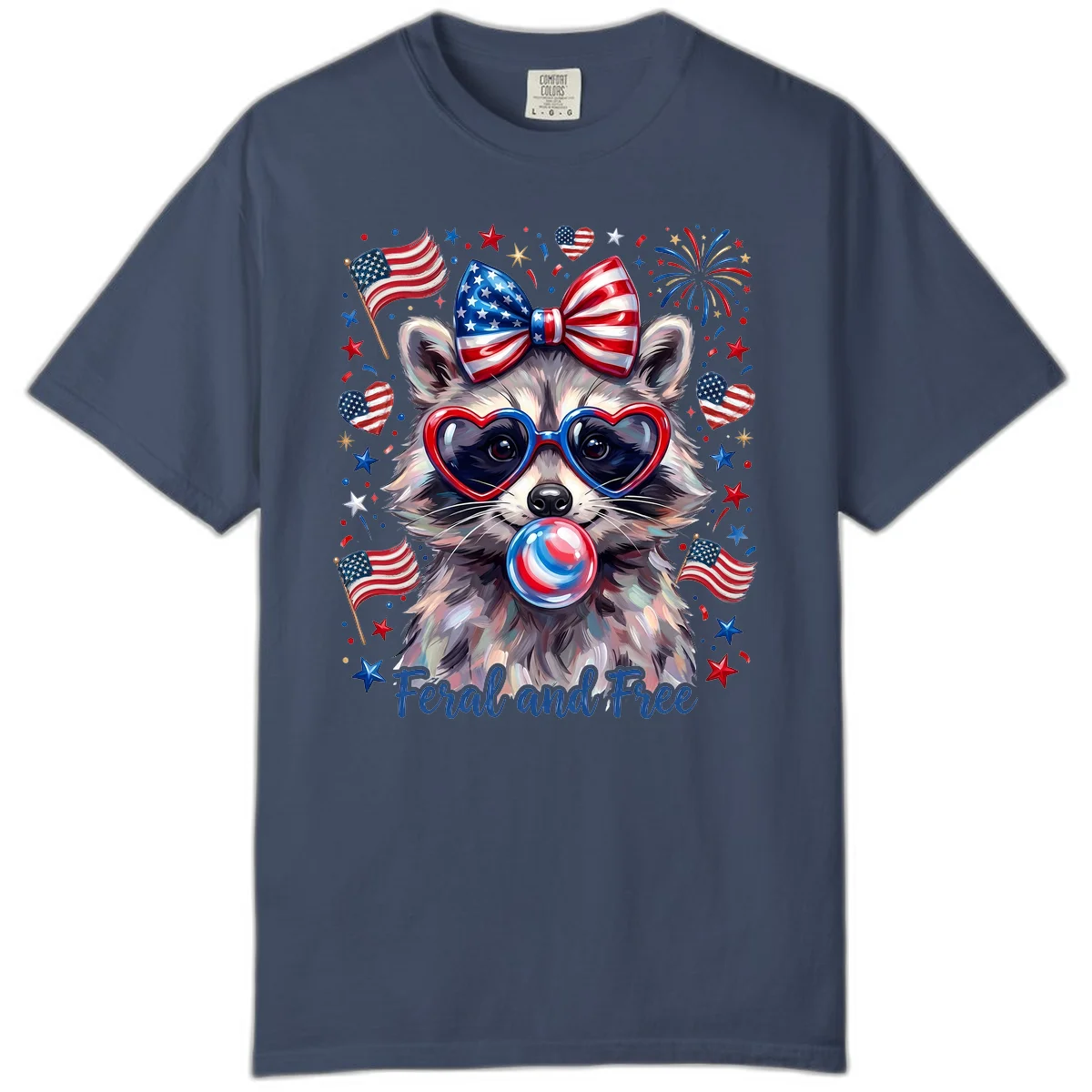 Patriotic Raccoon Feral and Free Fourth of July Comfort Color in Midnight