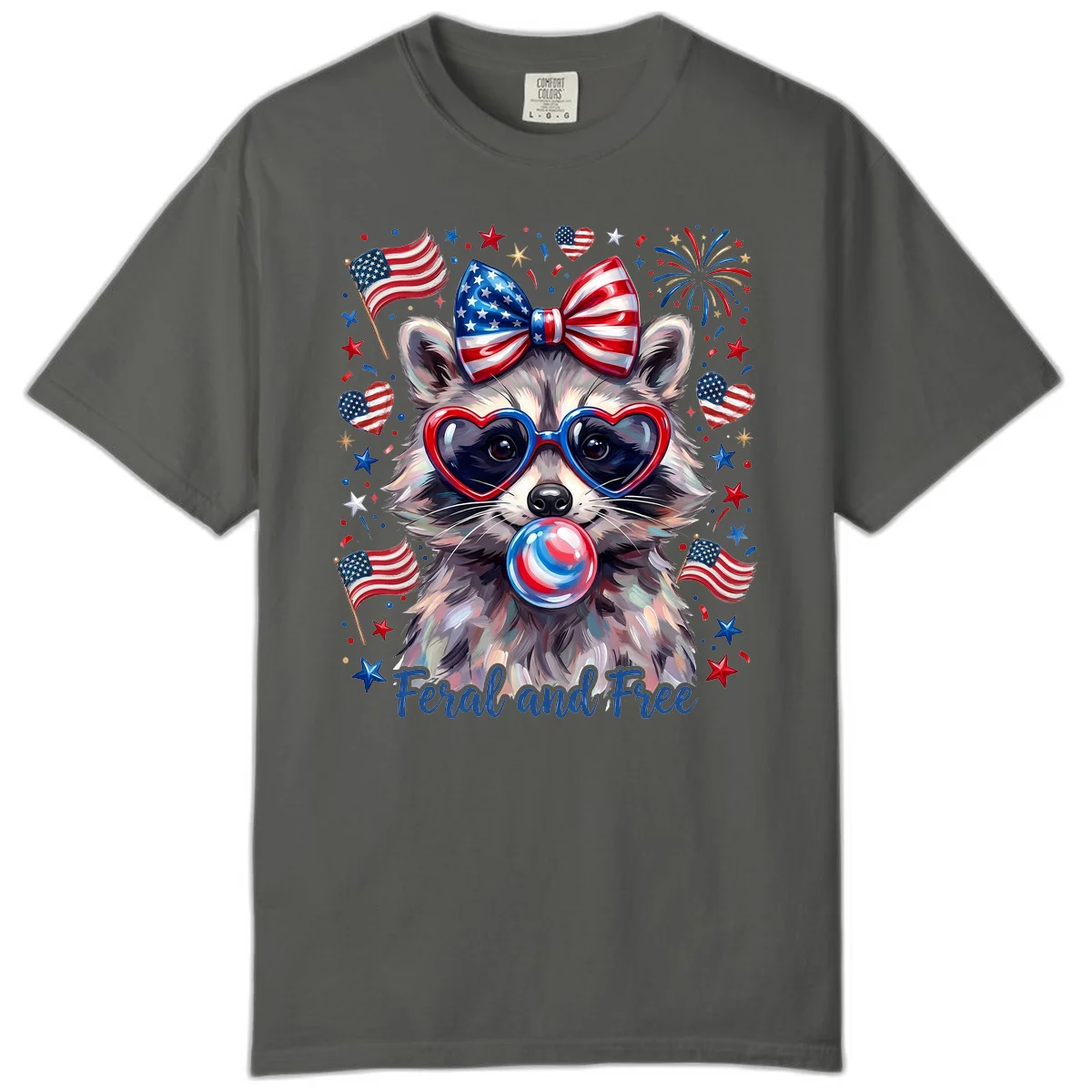 Patriotic Raccoon Feral and Free Fourth of July Comfort Color in Pepper