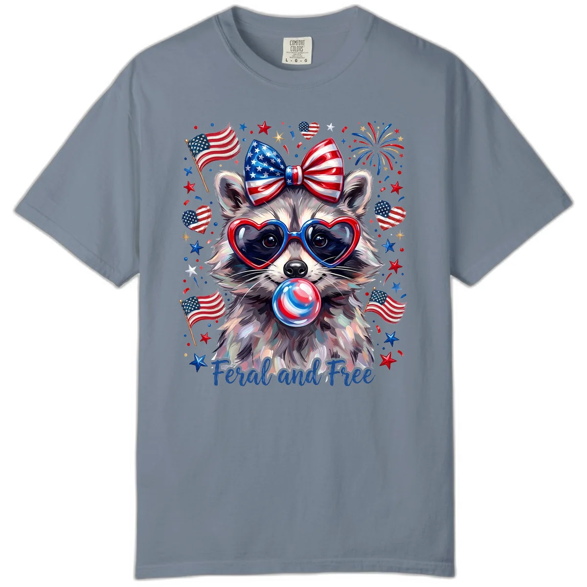 Patriotic Raccoon Feral and Free Fourth of July Comfort Color in Blue Jean