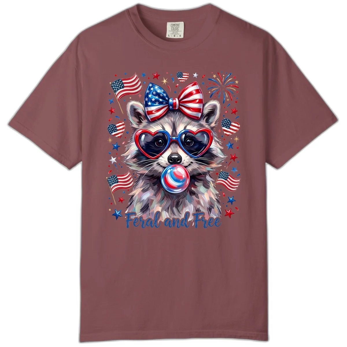Patriotic Raccoon Feral and Free Fourth of July Comfort Color in Brick