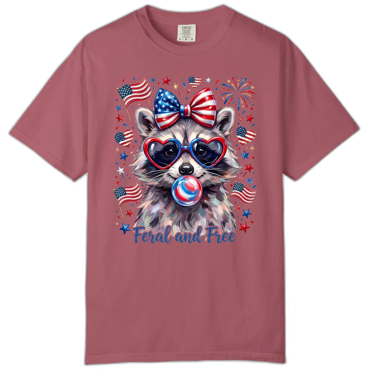 Patriotic Raccoon Feral and Free Fourth of July Comfort Color in Crimson