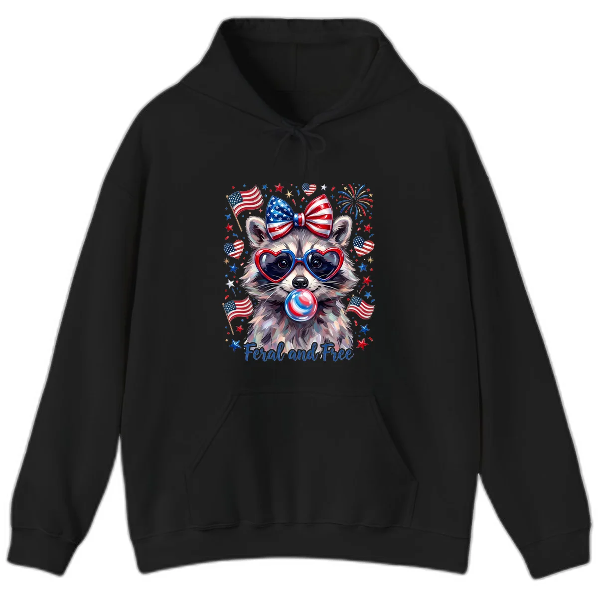 Patriotic Raccoon Feral and Free Fourth of July Hoodie in Black