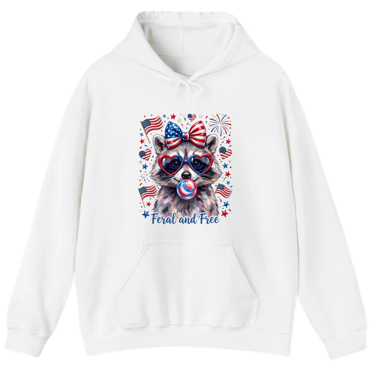 Patriotic Raccoon Feral and Free Fourth of July Hoodie in White