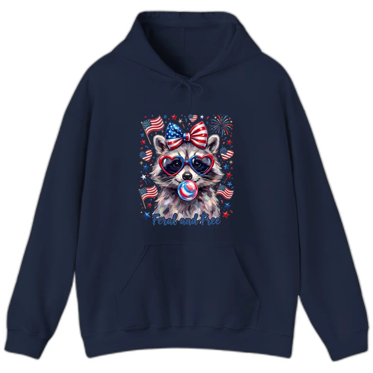Patriotic Raccoon Feral and Free Fourth of July Hoodie in Navy