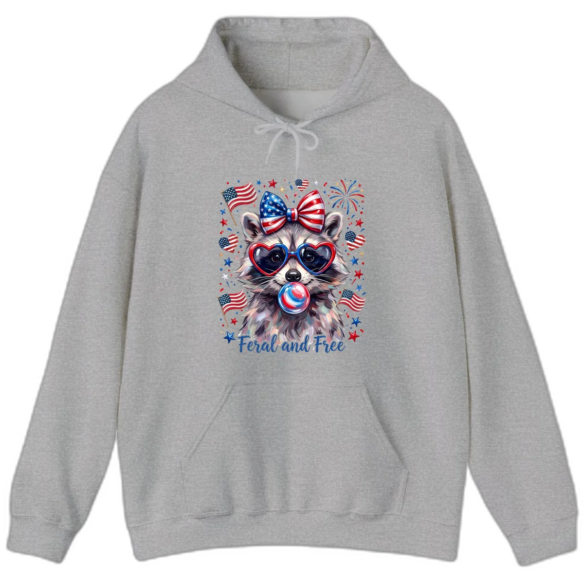 Patriotic Raccoon Feral and Free Fourth of July Hoodie in Sport Grey