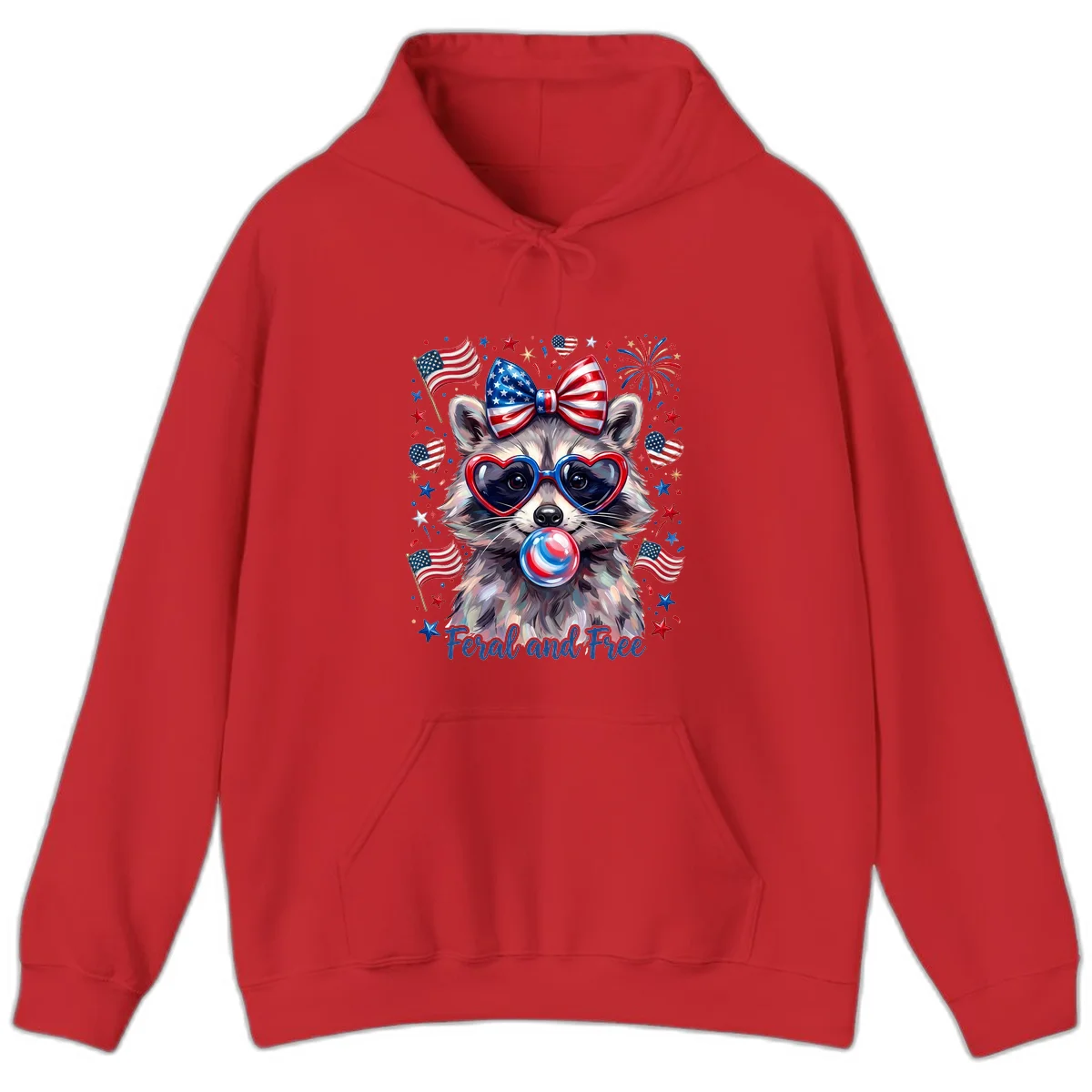 Patriotic Raccoon Feral and Free Fourth of July Hoodie in Red