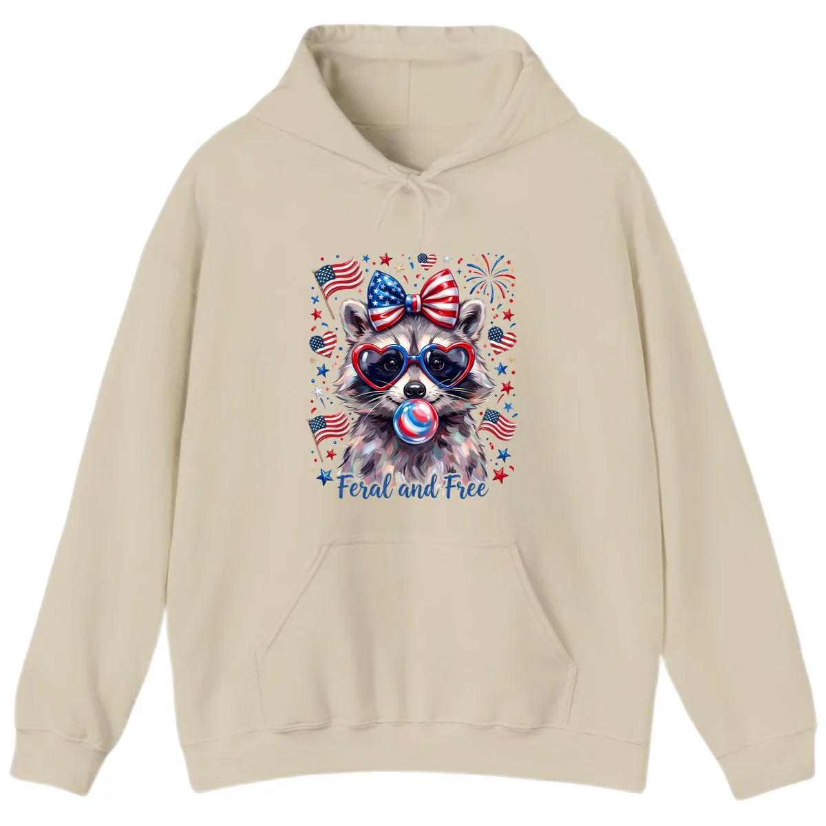 Patriotic Raccoon Feral and Free Fourth of July Hoodie in Sand