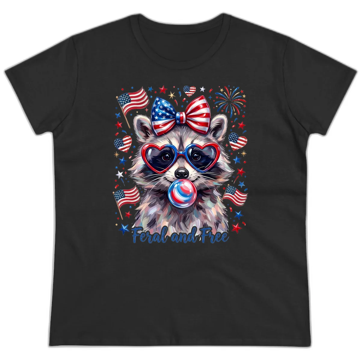 Patriotic Raccoon Feral and Free Fourth of July Ladies Tee in Black
