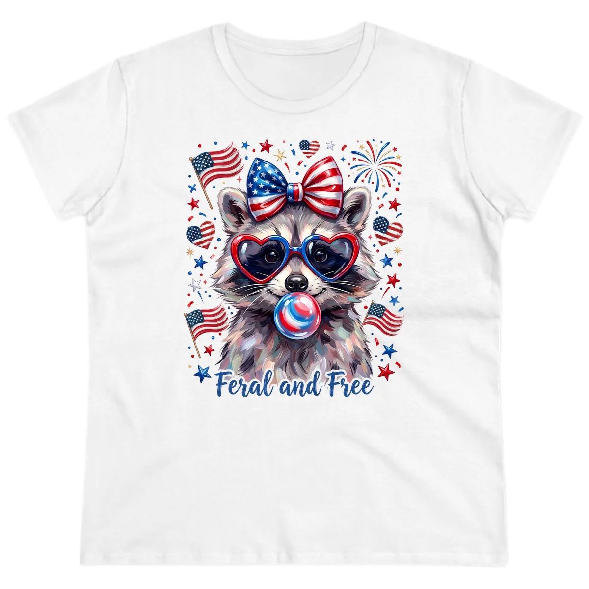 Patriotic Raccoon Feral and Free Fourth of July Ladies Tee in White
