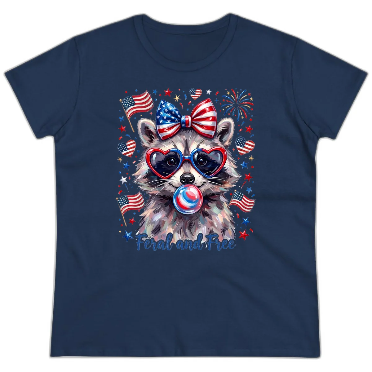 Patriotic Raccoon Feral and Free Fourth of July Ladies Tee in Navy