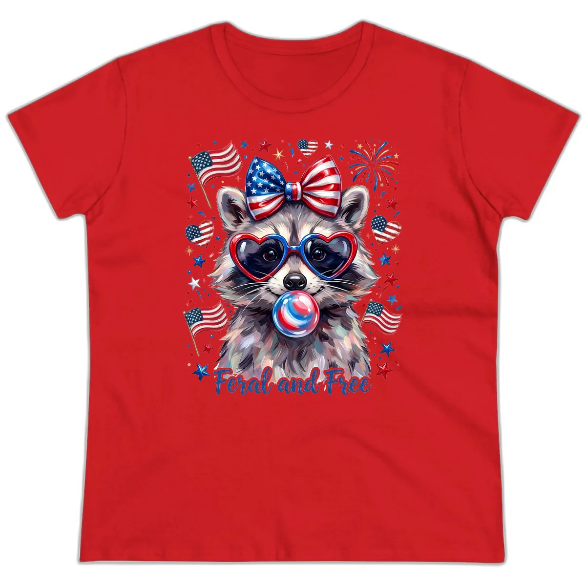 Patriotic Raccoon Feral and Free Fourth of July Ladies Tee in Red