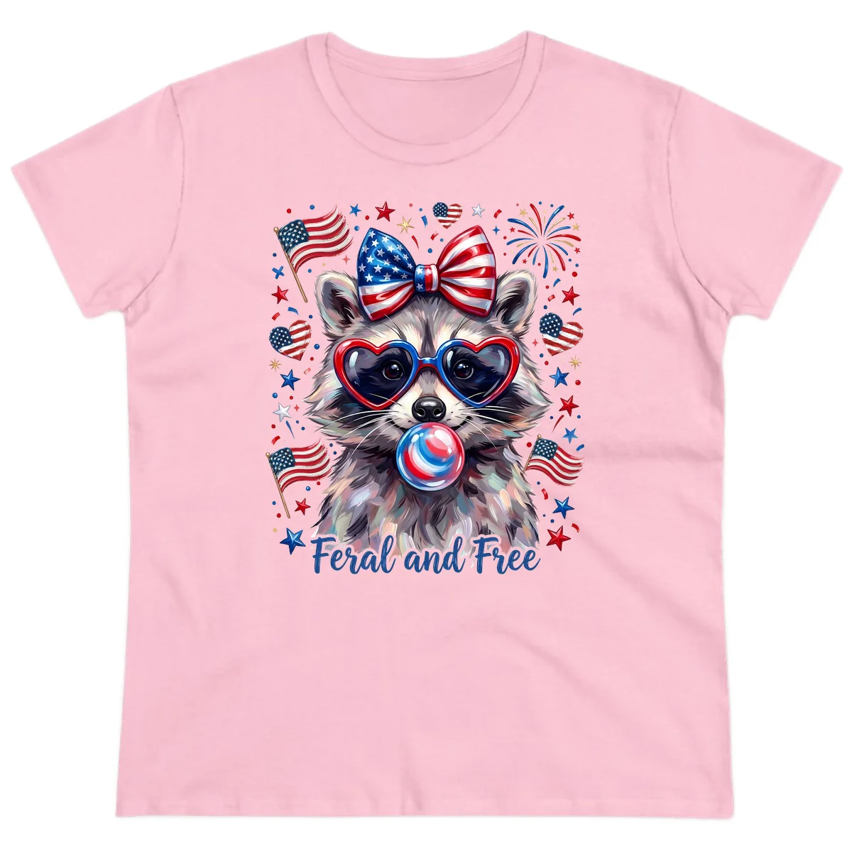 Patriotic Raccoon Feral and Free Fourth of July Ladies Tee in Light Pink
