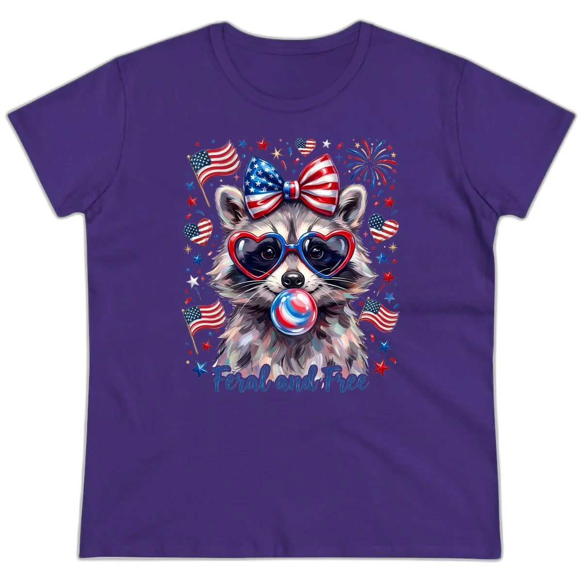 Patriotic Raccoon Feral and Free Fourth of July Ladies Tee in Purple