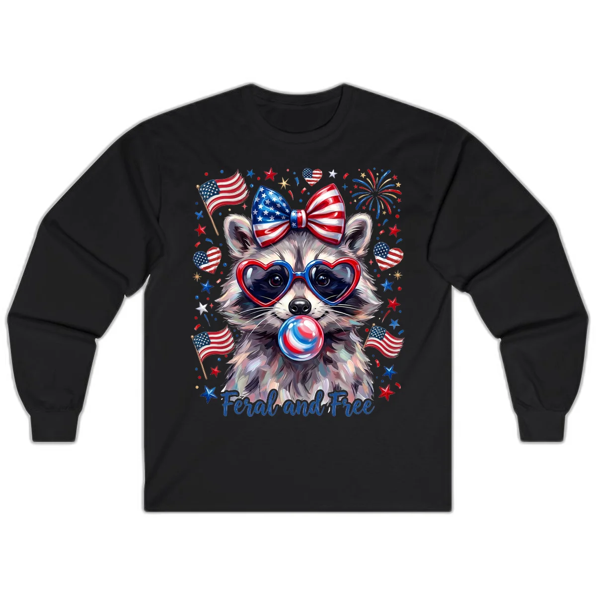 Patriotic Raccoon Feral and Free Fourth of July Long Sleeve in Black