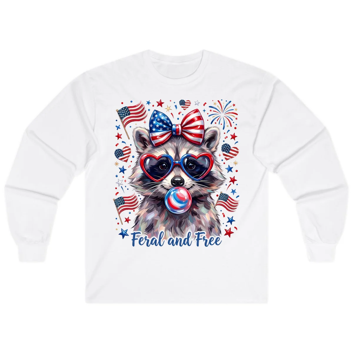 Patriotic Raccoon Feral and Free Fourth of July Long Sleeve in White