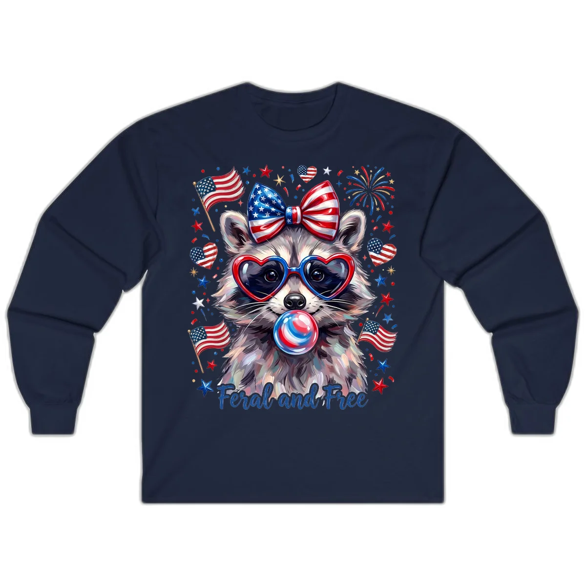 Patriotic Raccoon Feral and Free Fourth of July Long Sleeve in Navy