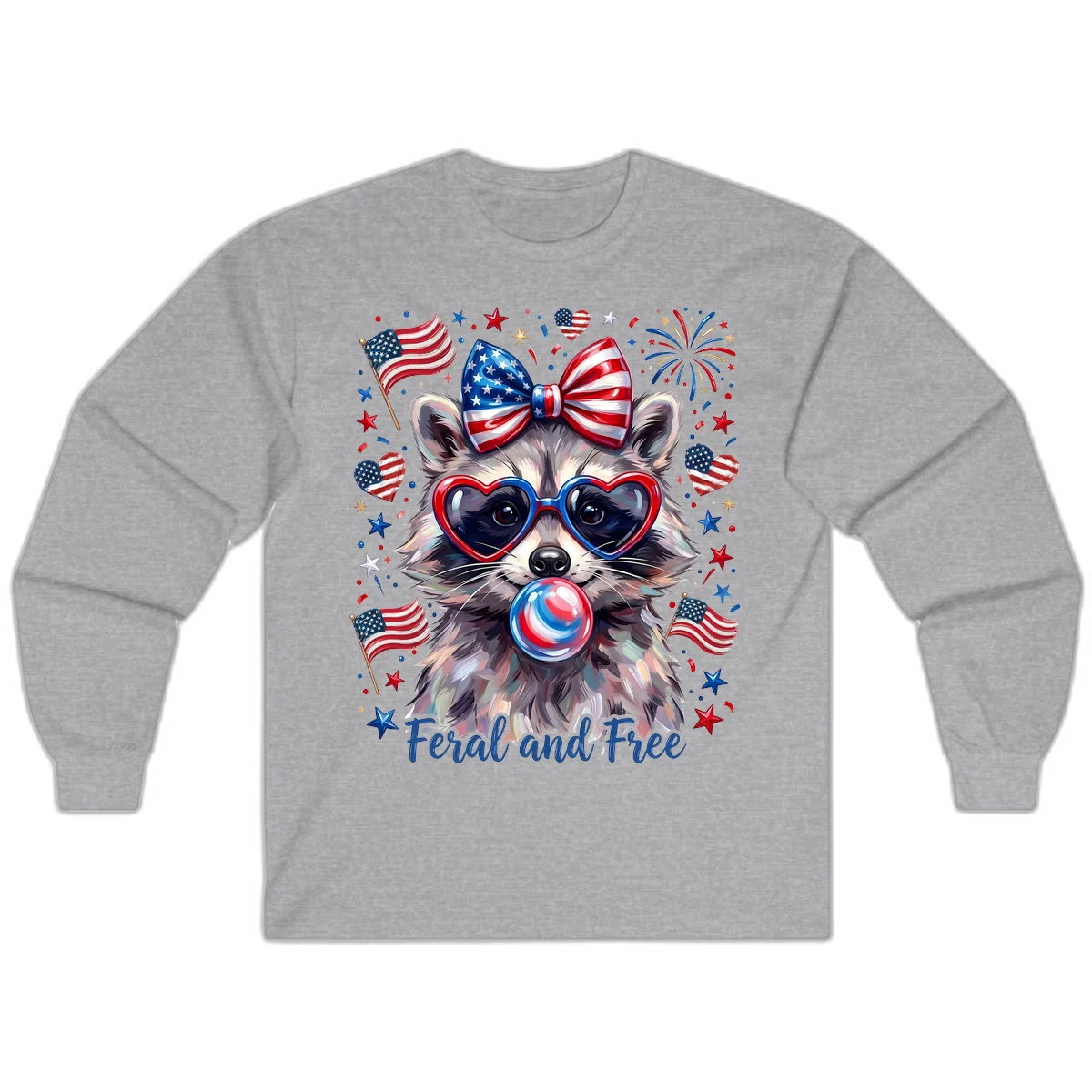 Patriotic Raccoon Feral and Free Fourth of July Long Sleeve in Sport Grey