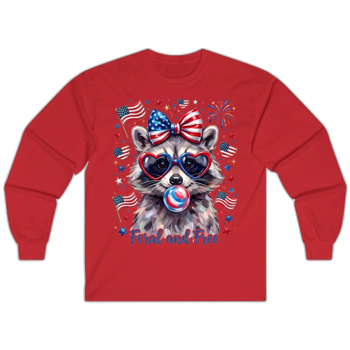Patriotic Raccoon Feral and Free Fourth of July Long Sleeve in Red