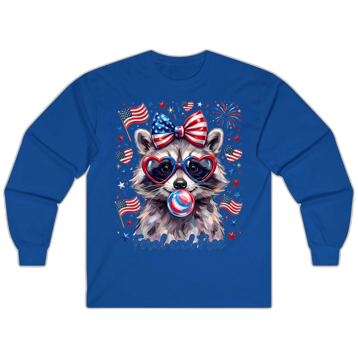 Patriotic Raccoon Feral and Free Fourth of July Long Sleeve in Royal