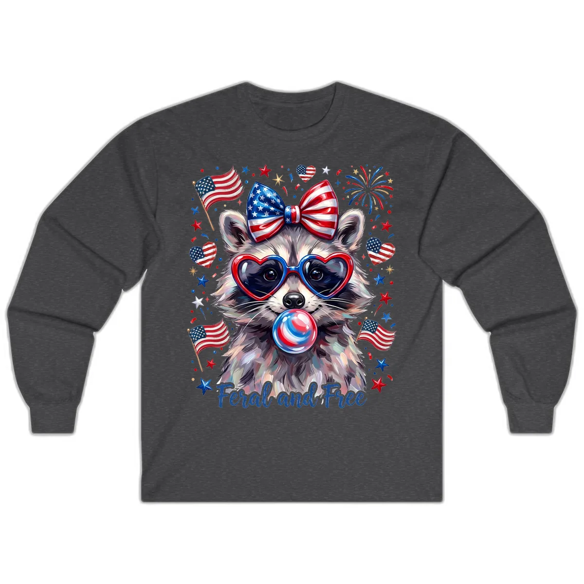 Patriotic Raccoon Feral and Free Fourth of July Long Sleeve in Dark Heather