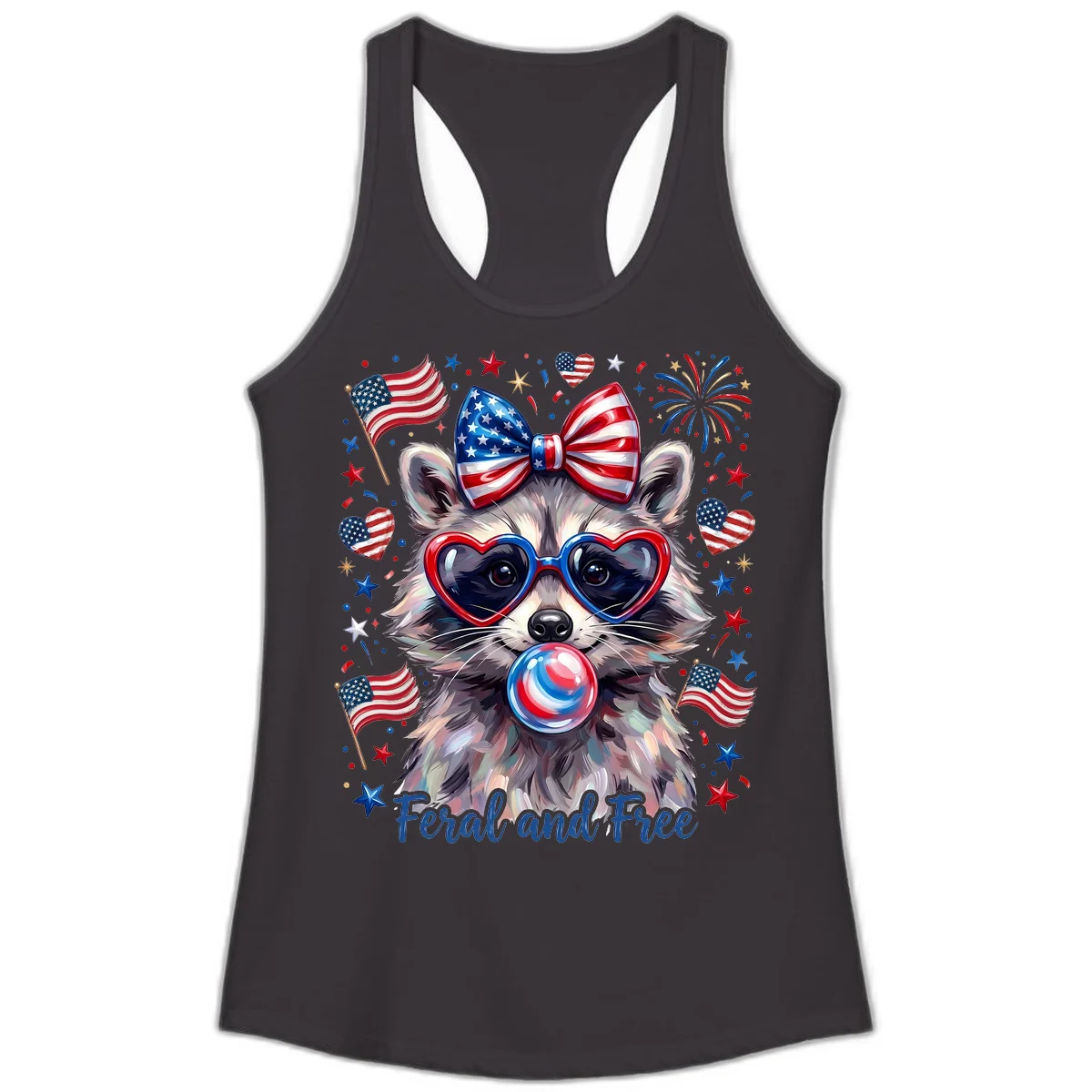 Patriotic Raccoon Feral and Free Fourth of July Ladies Tank in Black