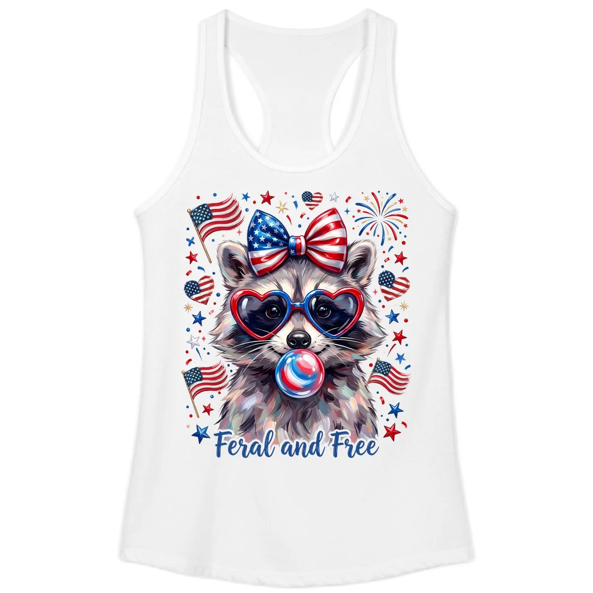 Patriotic Raccoon Feral and Free Fourth of July Ladies Tank in White