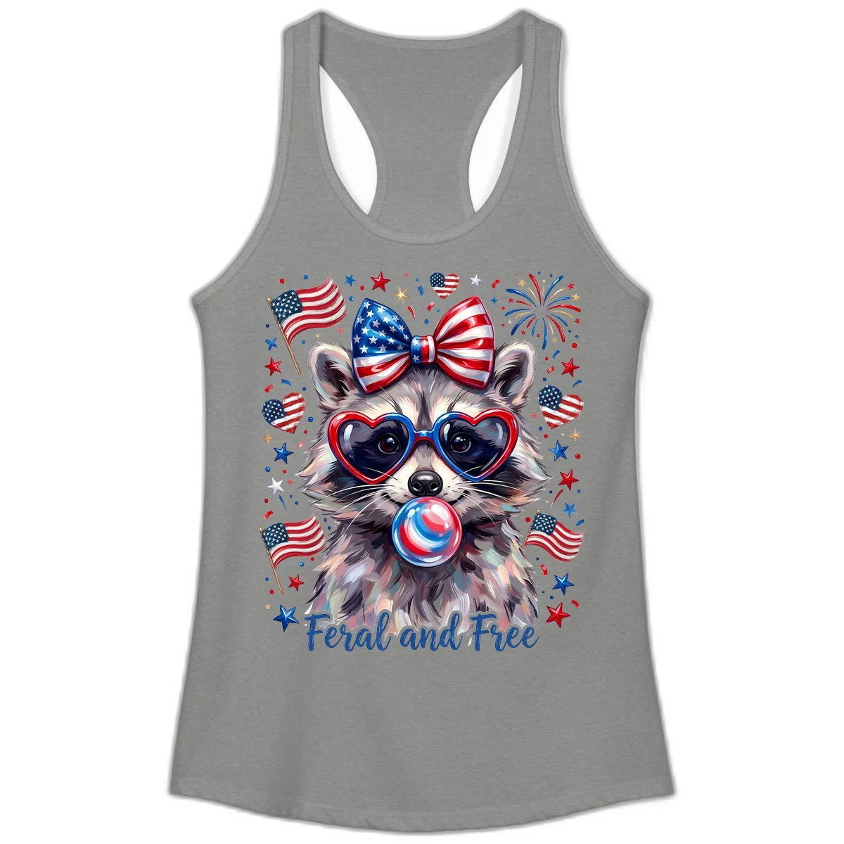 Patriotic Raccoon Feral and Free Fourth of July Ladies Tank in Heather Grey