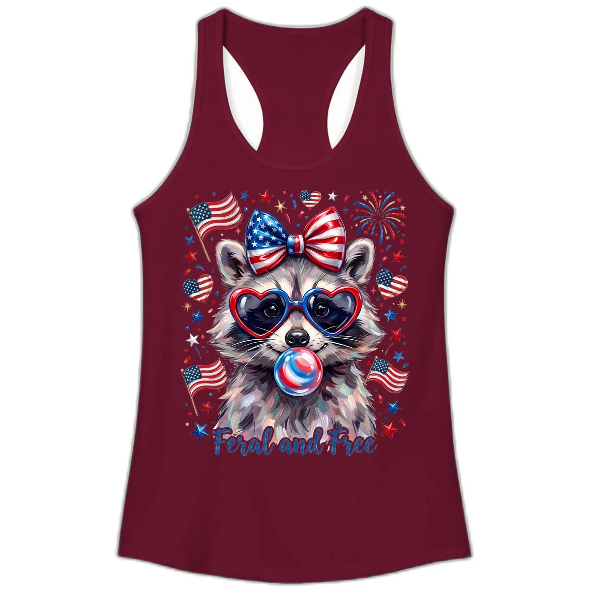 Patriotic Raccoon Feral and Free Fourth of July Ladies Tank in Solid Cardinal Red